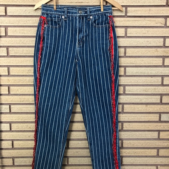 Denim Pin Stripe Jeans with Vintage Fringe - American Eagle Mom Jeans - Waist 26 - Picture 15 of 16